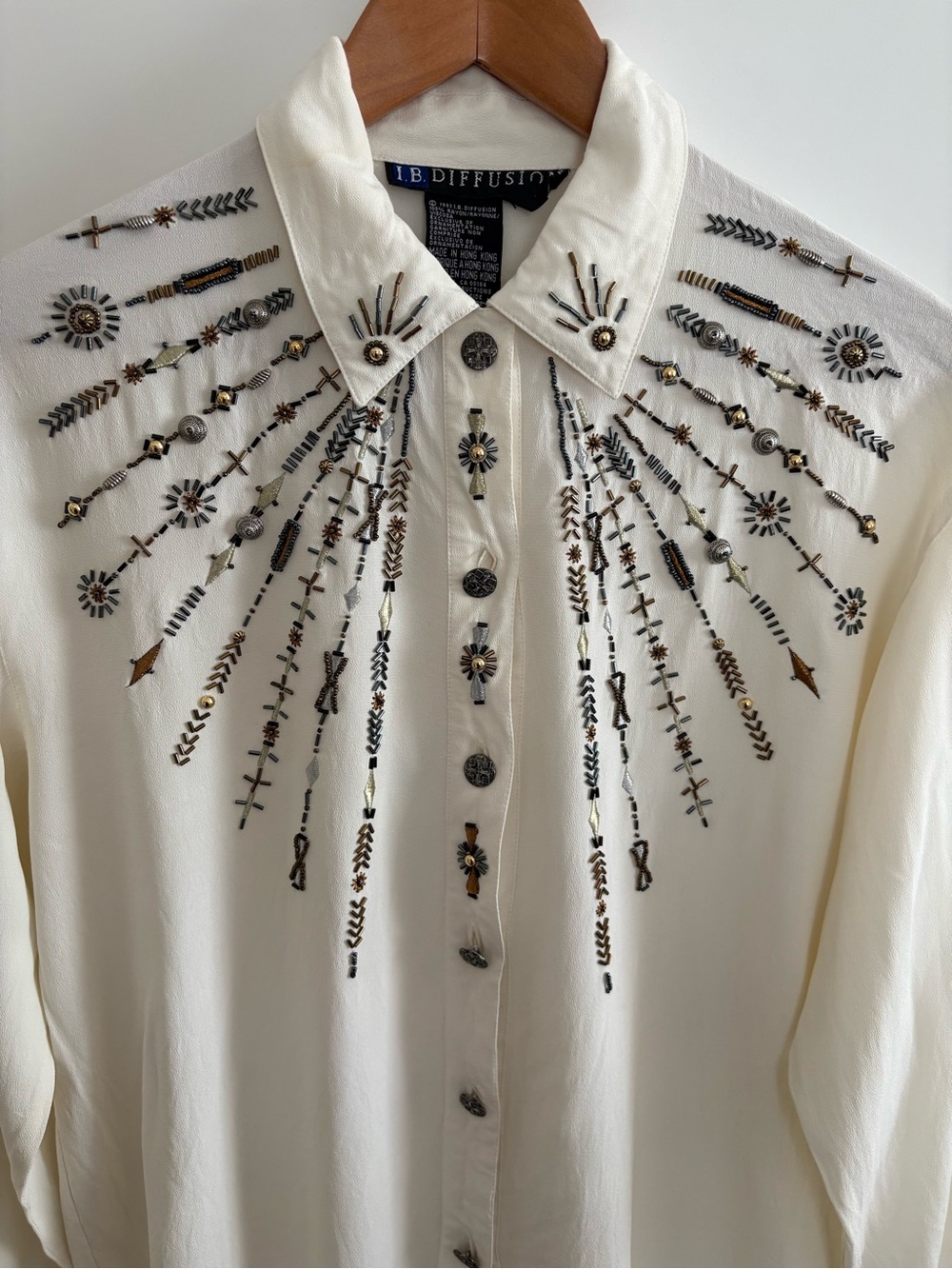 Women's Embellished Embroidered Cream Button-Up Shirt
